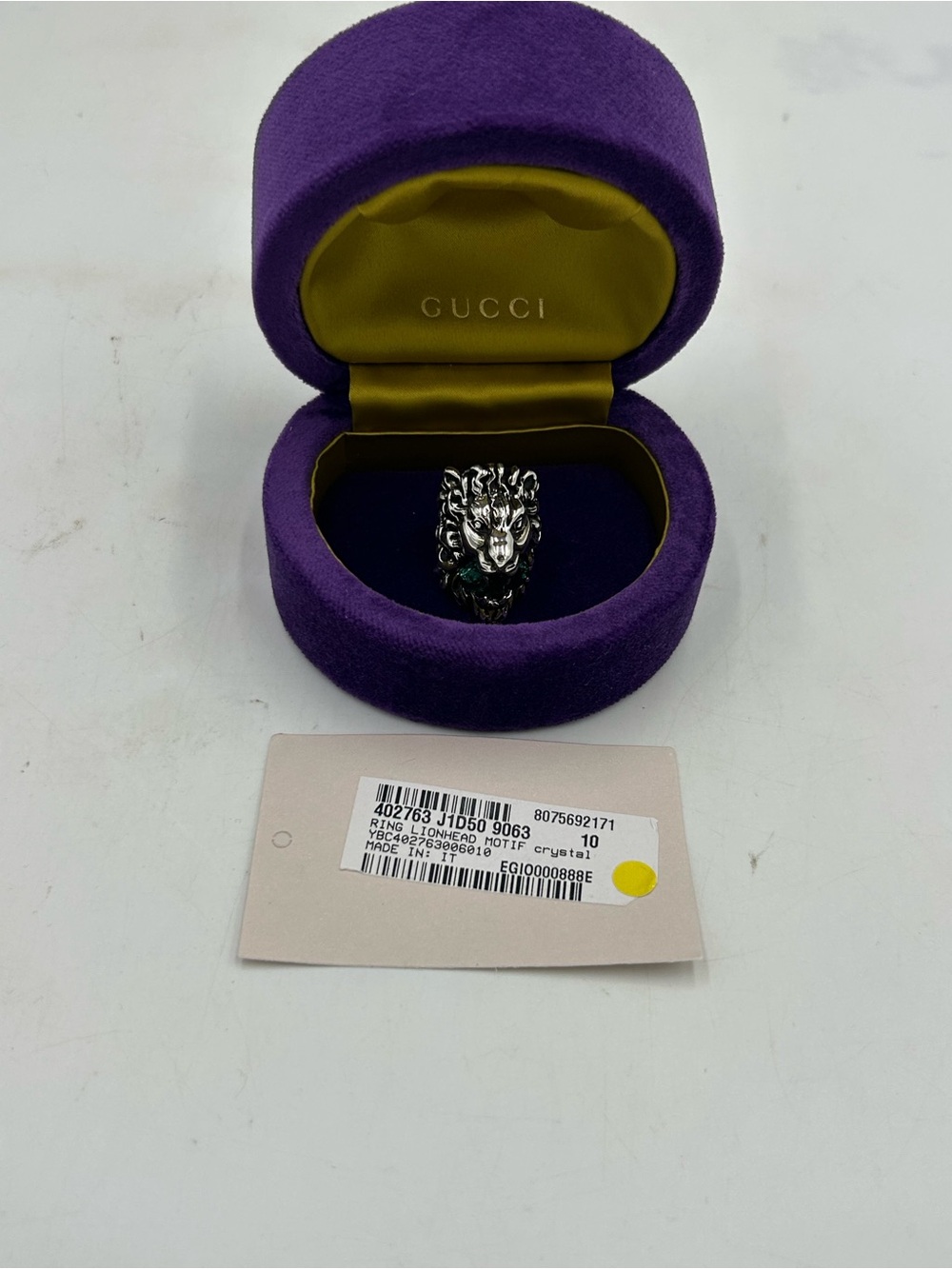Unisex Gucci Silver Lion Head Ring with Green Crystal in mouth size 4.5